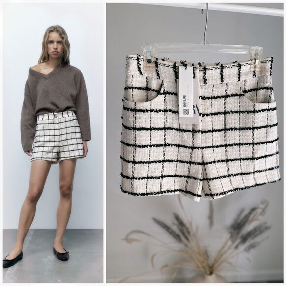 Zara Plaid Textured Shorts New - Picture 1 of 9